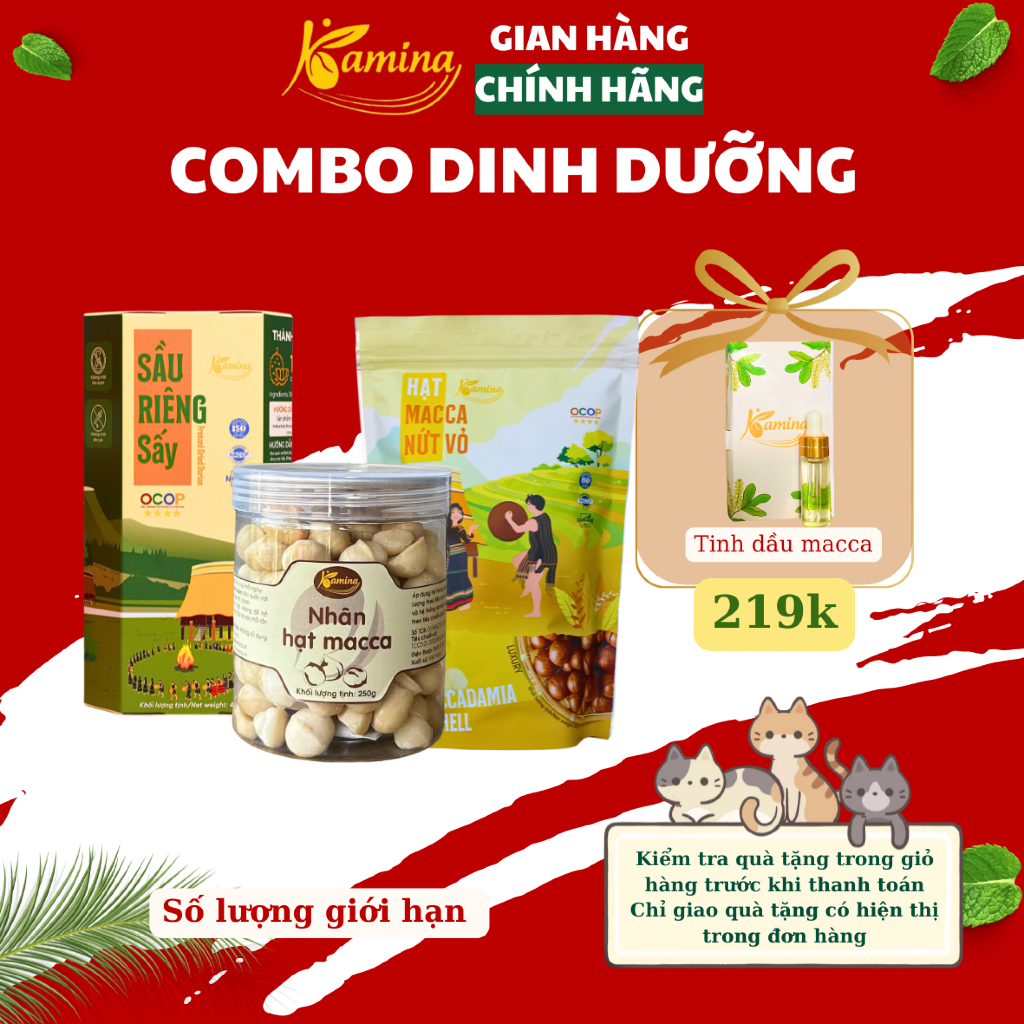 Combo 3 món Kamina - Hạt Macca nứt vỏ size M - Nhân macca tách vỏ - Nhân macca mix sầu riêng sấy