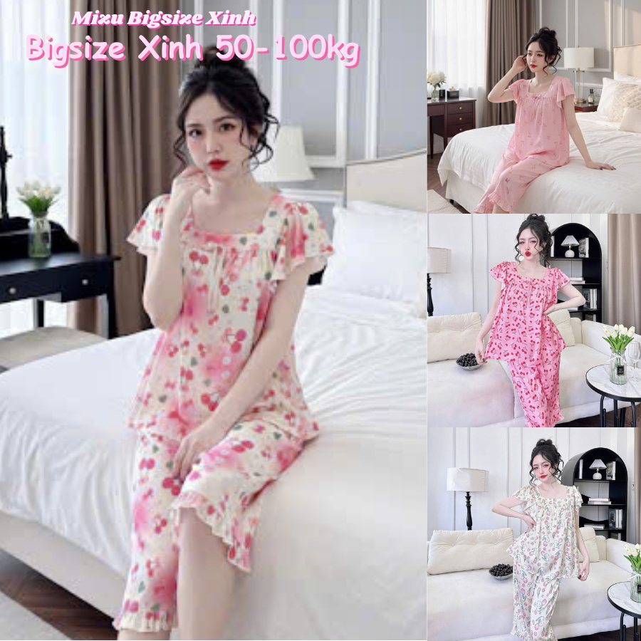 Đồ bộ bigsize, đồ ngủ nữ, đồ mặc nhà, pyjama bigsize lửng lụa băng, quần có túi, cổ vuông đính nơ. M