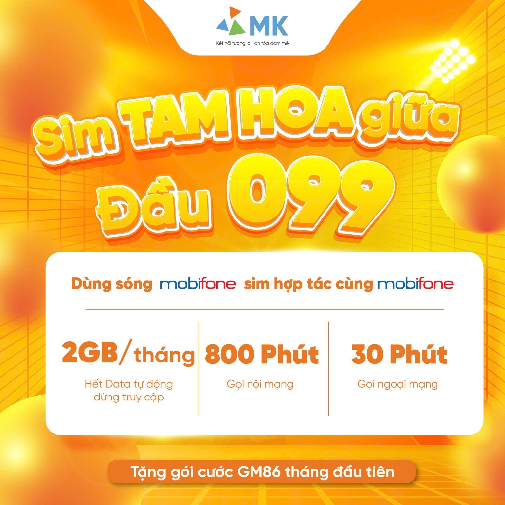 Sim Tam Hoa Đầu 099 Gmobile | Tặng Gói Cước GM86 | 800 Phút Nội Mạng + 30 Phút Ngoại Mạng + 2GB/Ngày
