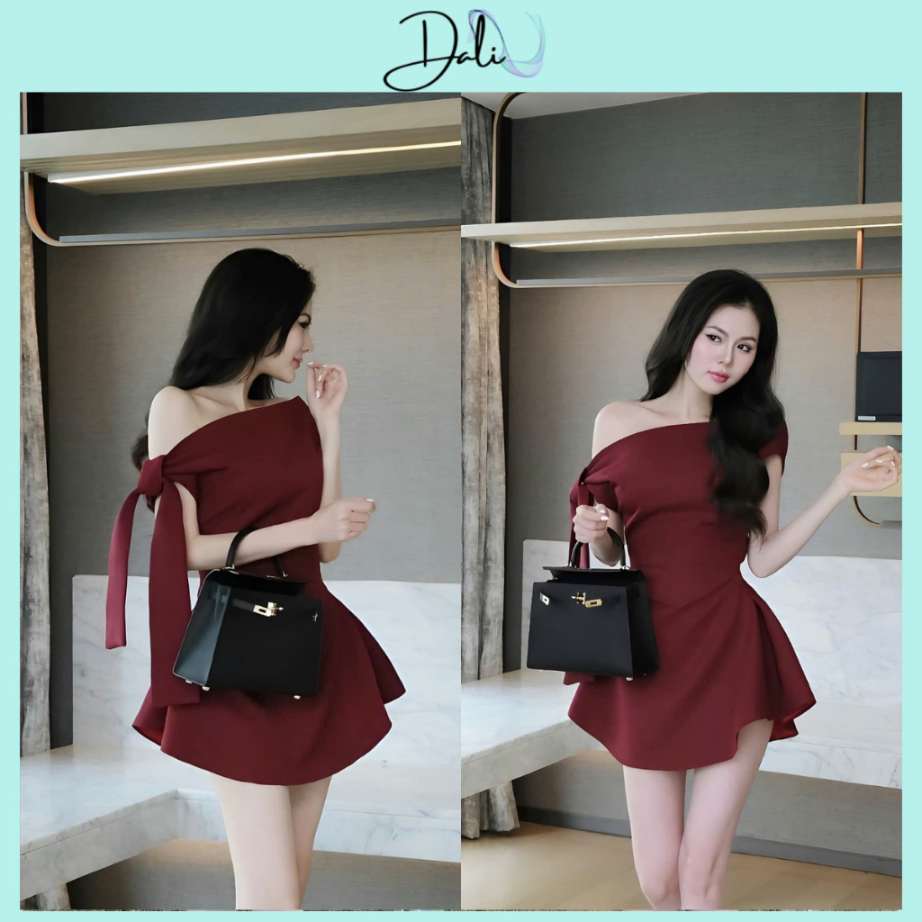 Váy Lệch Vai Thắt Nơ Màu Đỏ Đô Chất Liệu Kaki Hàn Dáng Xòe Kèm Quần Mặc Trong | BigBuy360 - bigbuy360.vn