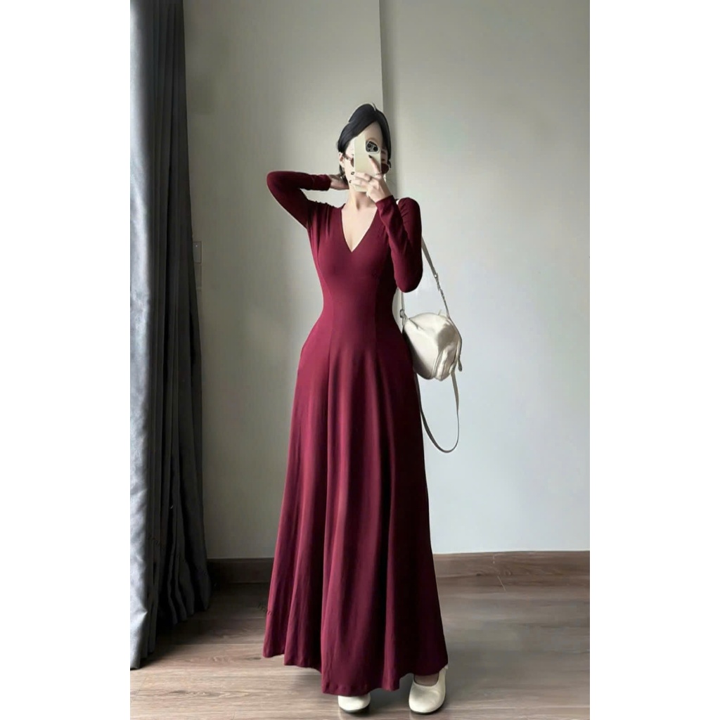Đầm maxi dài tay thời trang nữ đi chơi đi làm sáng chảnh chất thun boprip cổ chữ V tay dài dáng váy 