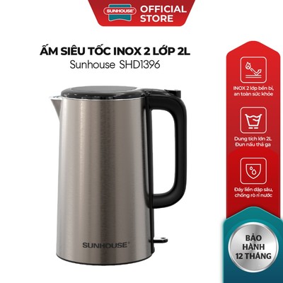 Ấm siêu tốc Inox 2 lớp 2L Sunhouse SHD1396  - Dung tích lớn 2L - Tự động ngắt khi sôi - Đáy liền chống rò rỉ