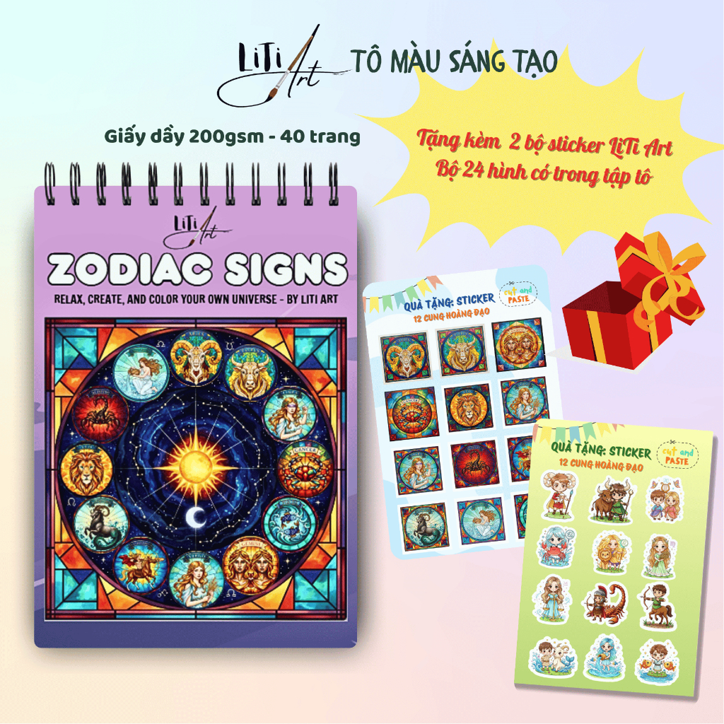 Tranh Tô Màu Sáng Tạo 12 cung Hoàng Đạo - ZODIAC SIGNS. Tặng kèm 2 bảng Sticker Độc Quền-Giấy dầy 20