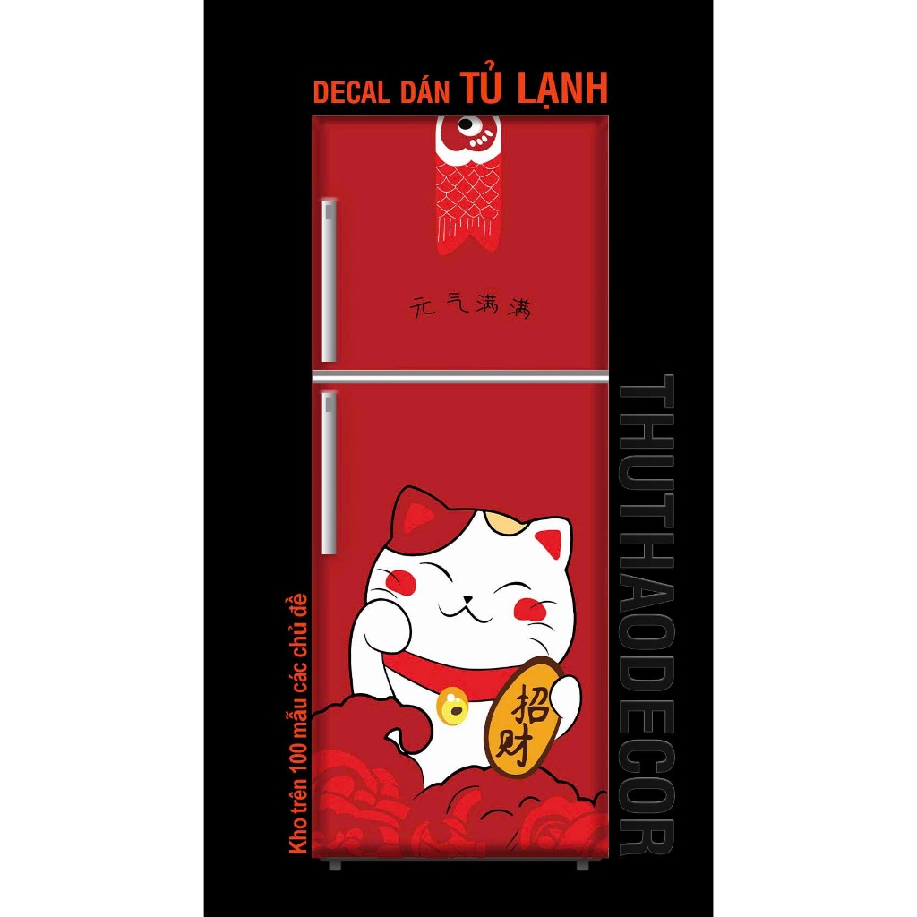 Decal dán tủ lạnh MÈO THẦN TÀI ĐỎ (mẫu mới)