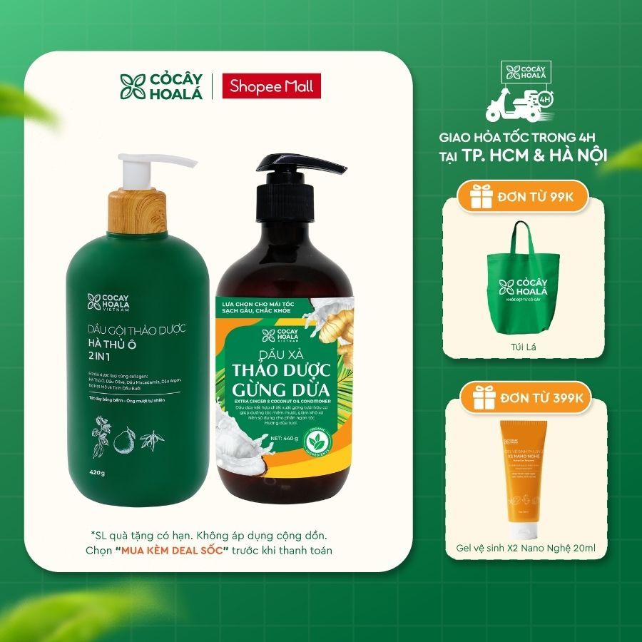 [HỎA TỐC] Combo Dầu Gội Hà Thủ Ô 2in1 420G & Dầu Xả Gừng Dừa 440G Cỏ Cây Hoa Lá Giúp Giảm Gãy Rụng, 