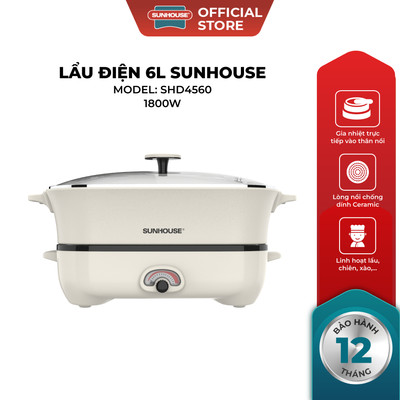 Nồi điện đa năng 6L Sunhouse SHD4560 (1800W) - SHD4568 (2200W) , Chín tức thì trong 12 phút - Gia nhiệt trực tiếp