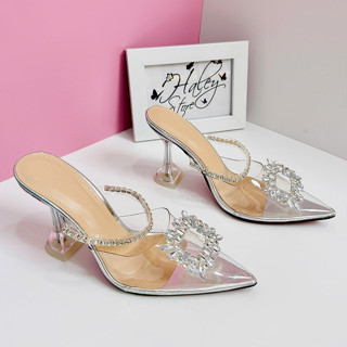  Giày guốc đá 1 nhọn HALEY STORE gót 9cm quai trong suốt đính đá xoàn đá pha lê công chúa tiểu thư cô dâu đi tiệc 