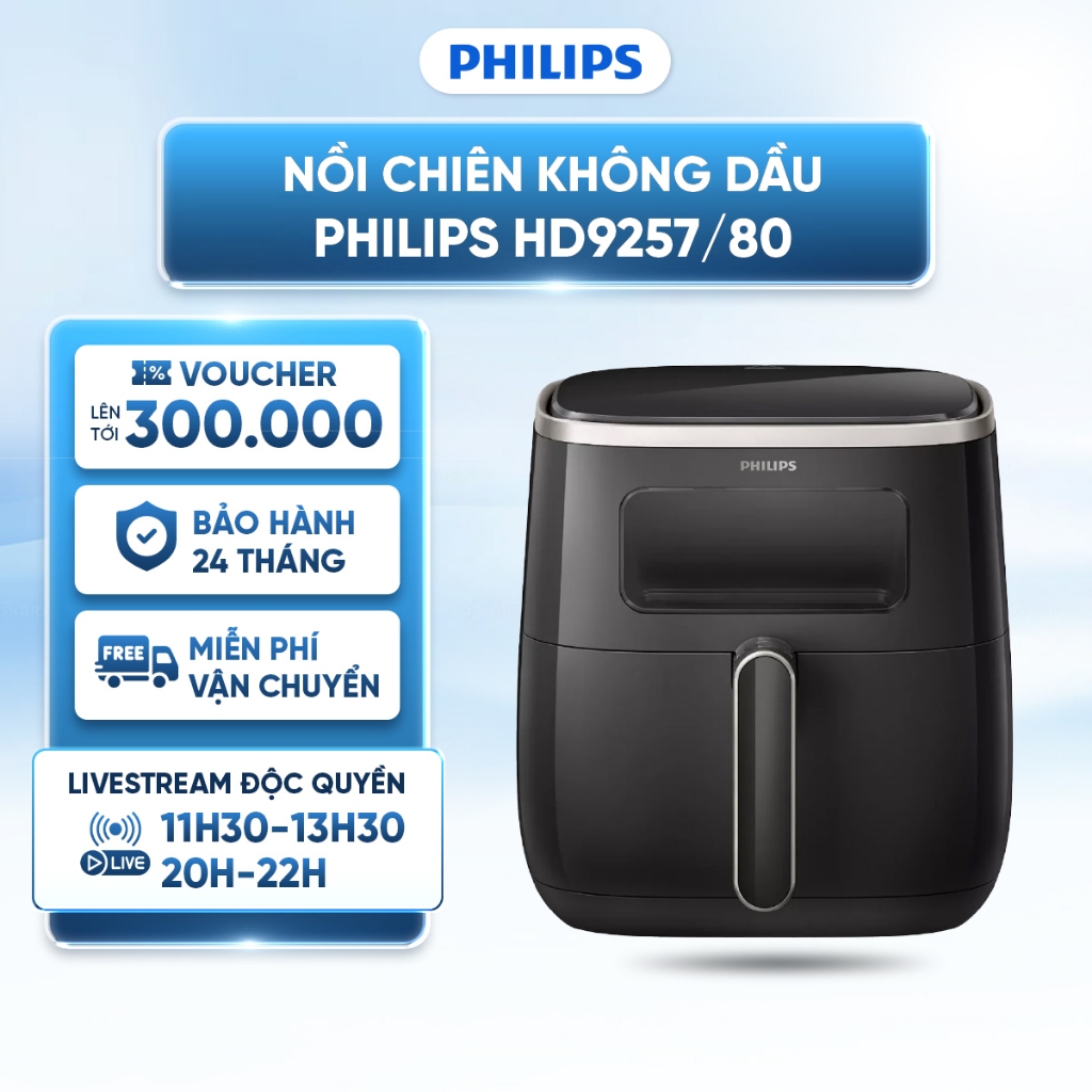 Nồi Chiên Không Dầu Philips HD9257/80 5.6 lít - Mặt kính trong suốt - RapidAir - 7 chương trình nấu