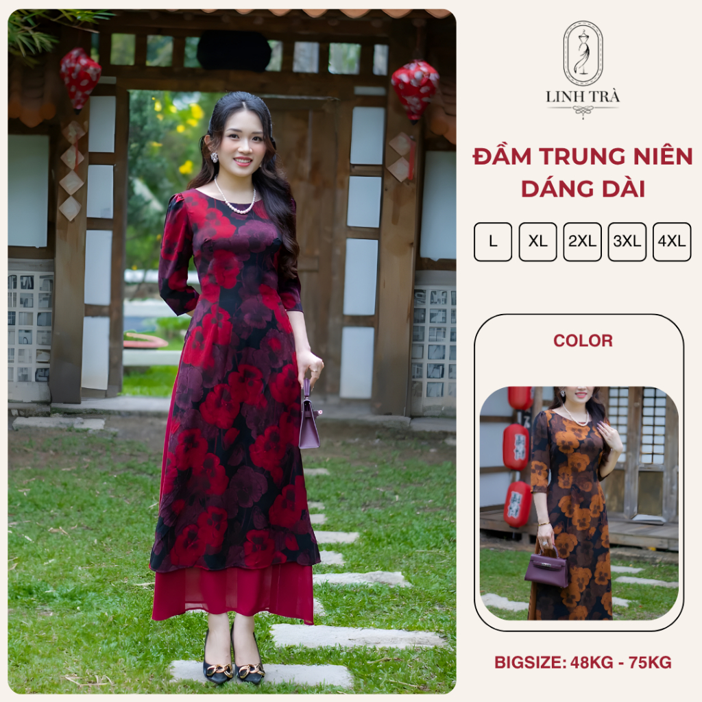 Đầm Trung Niên Bigsize [Linh Trà] (TM 3443) Váy Thiết Kế, Đầm Dáng Dài Sang Trọng Cho Mẹ U50 U60