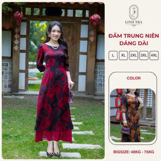  Đầm Trung Niên Bigsize  Linh Trà   TM 3443  Váy Thiết Kế Đầm Dáng Dài Sang Trọng Cho Mẹ U50 U60 