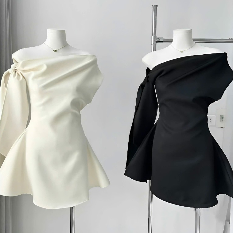 Váy Lệch Vai Thắt Nơ Màu Đỏ Đô Chất Liệu Kaki Hàn Dáng Xòe Kèm Quần Mặc Trong | BigBuy360 - bigbuy360.vn