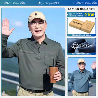  Áo Thun Nam Trung Niên Dài Tay AZILA Cao Cấp Cotton Pha Lụa Áo Polo Dài Tay Tặng Bố Tặng Ông Sang Trọng Lịch Lãm 