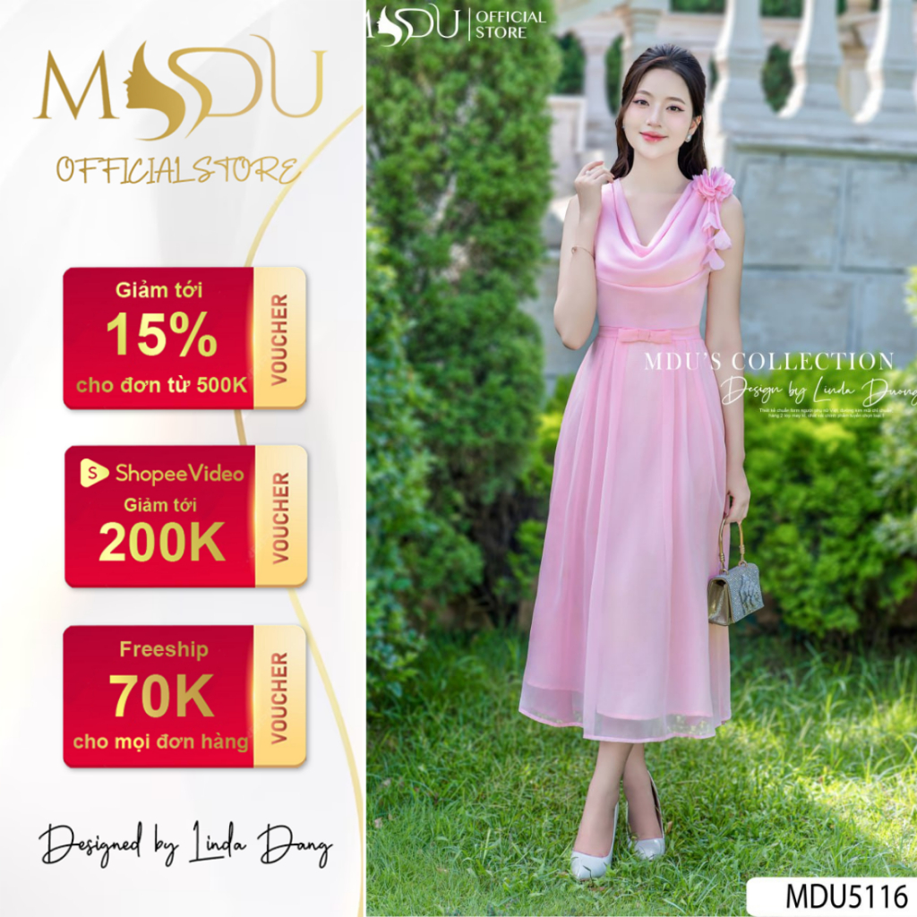 Váy Thiết Kế MDU5116 Dáng Xòe Nhẹ Tơ Tằm Ánh Nhũ Hồng Pastel Hoa Đính Vai Thanh Lịch Từ MDU