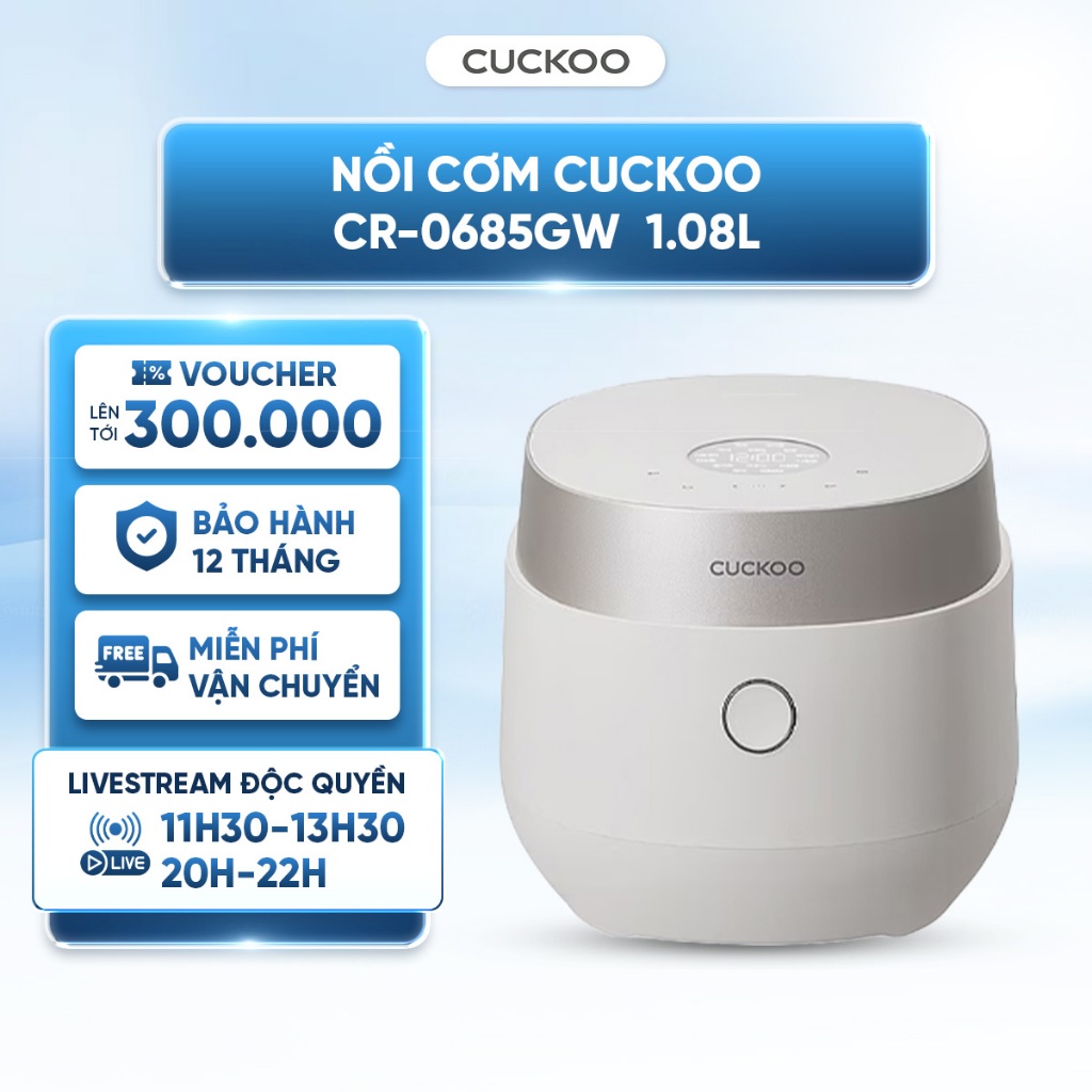 Nồi cơm điện tử Cuckoo CR-0685GW 1.08L 630W - Điều khiển cảm ứng - Nấu cơm, cháo, gạo lứt, hầm, ủ sữ