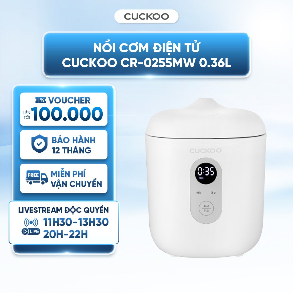 Nồi cơm điện tử Cuckoo CR-0255MW - 0.36L - Chống dính - Bảo hành chính hãng 2 năm