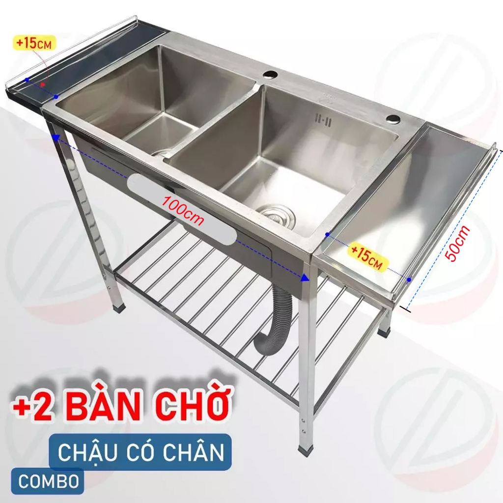 COMBO Chậu Rửa Chén Bát Có Kệ Chân Nhiều Kích Thước Lắp Thêm 2 Bàn Chờ Rộng Rãi - Gồm chậu, xi phông, kệ chân, 2 bàn rời