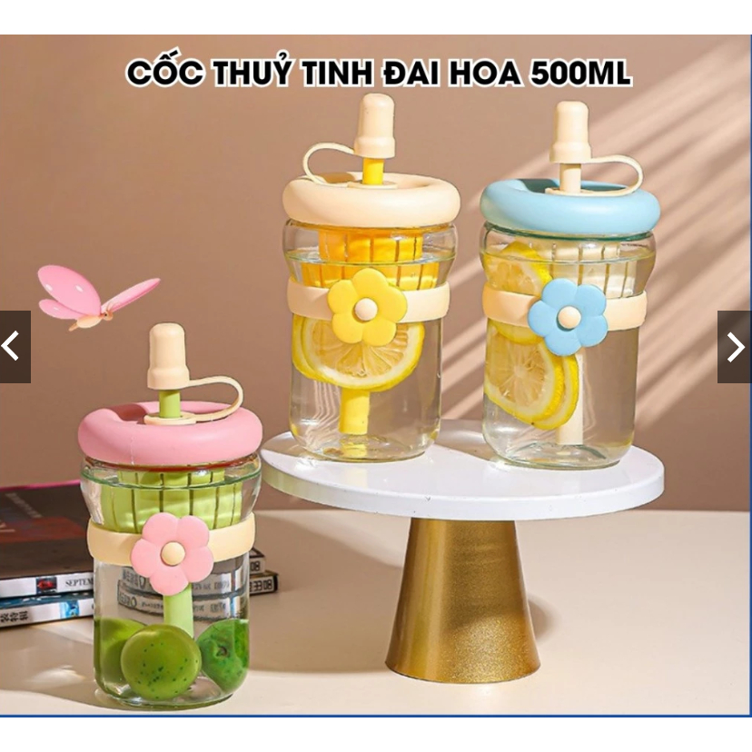 Cốc Thuỷ Tinh Đai Hoa Kèm Ống Hút 500ml Cute