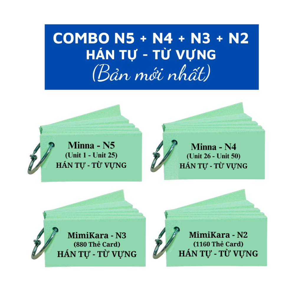 Combo Bộ flashcard Học Kanji - Từ Vựng N5- N2 (Bản mới nhất - Combo 4 bộ)