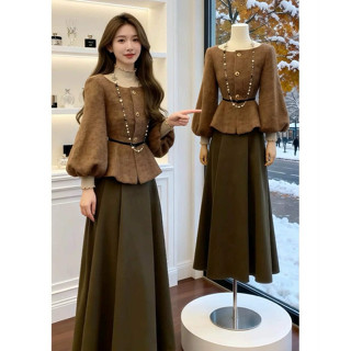  Set 3 chi tiết Áo Dạ Dài Tay Kèm Chân váy dài   Kèm Áo Cổ Lọ và đai   Mellystore 