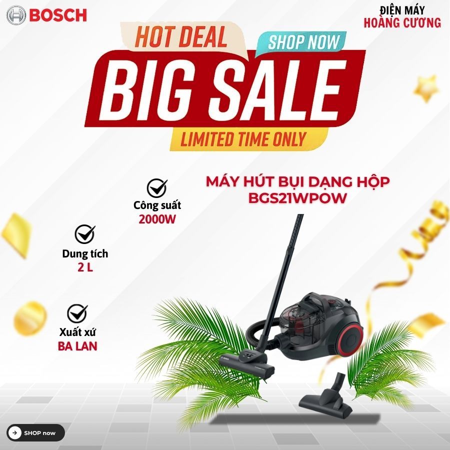 Máy hút bụi dạng hộp Bosch BGS21WPOW  – Mạnh Mẽ, Êm Ái, Dễ Vệ Sinh