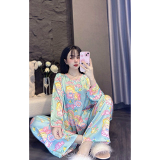  HL92 40-105kg  BỘ PYJAMA ÁO TAY DÀI QUẦN DÀI CỔ TRÒN KÈM CỘT TÓC- Form rộng - Nữ 