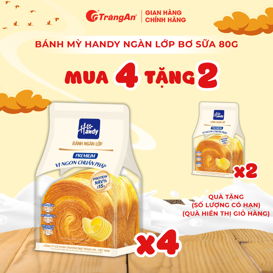 Bánh mì ngàn lớp Handy thơm ngon siêu mềm vị bơ thơm béo bánh 80g | HSD 4 tháng - Tràng An