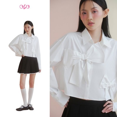 Áo sơ mi croptop đính nơ trẻ trung White Oversized Bow Shirt phù hợp đi chơi đi cà phê OLV