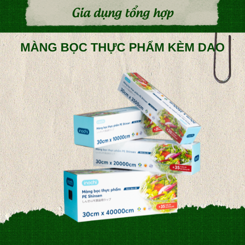 Màng bọc thực phẩm Inochi 100m 150m 200m, màng bọc kèm dao cắt tiện lợi sử dụng được lò vi sóng