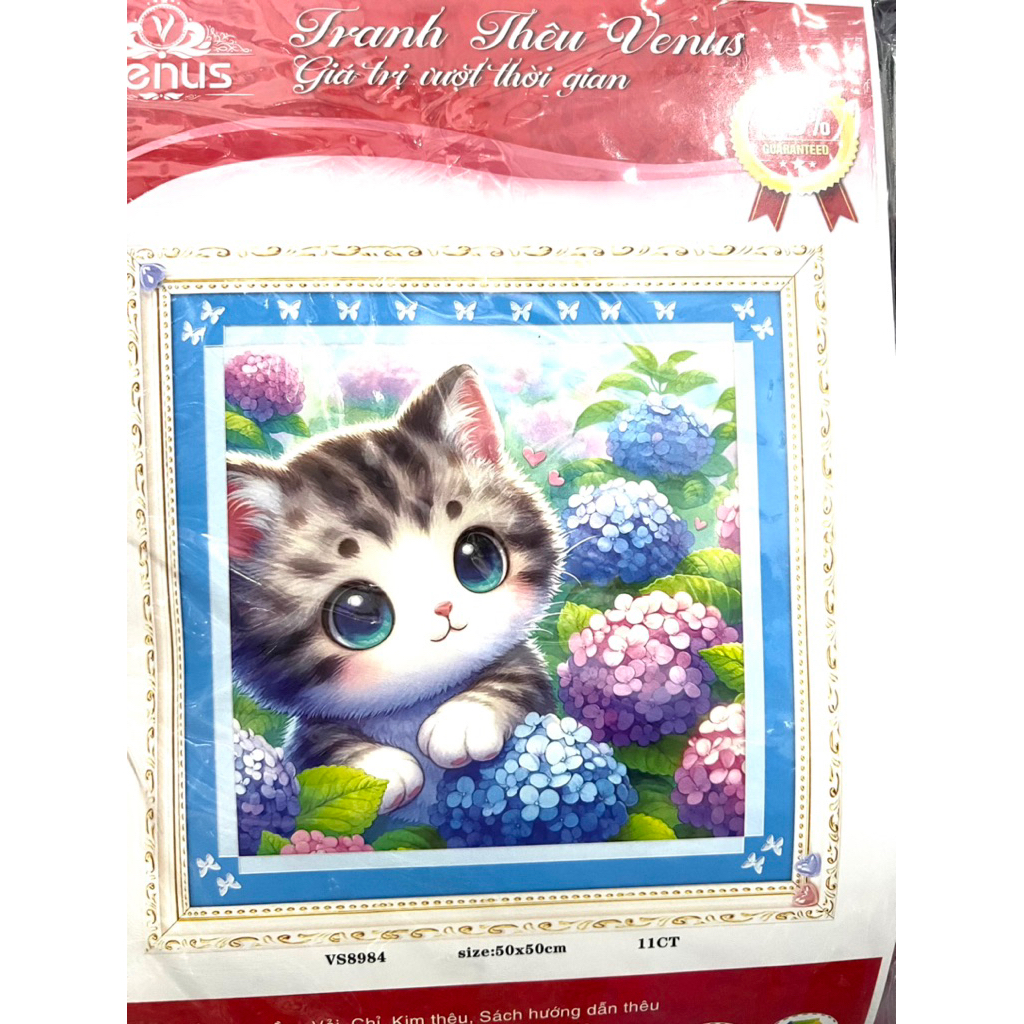 tranh thêu chữ thập phong cảnh mèo hoa Cẩm Tú cầu vs8984 (50x50)cm