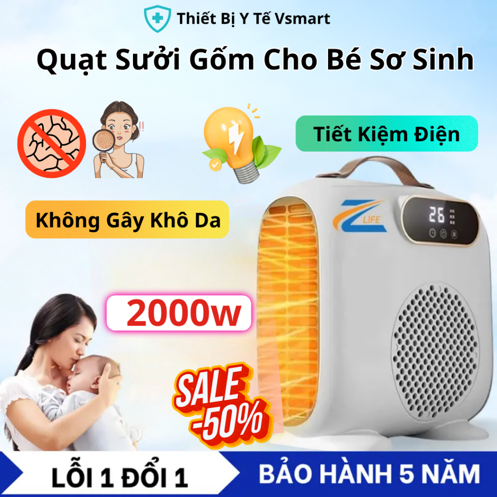 Quạt Sưởi Ấm Phòng Tắm Mùa Đông 2000w Zlife, Máy Sưởi Gốm Cho Bé Sơ Sinh Tiết Kiệm Điện Không Khô Da