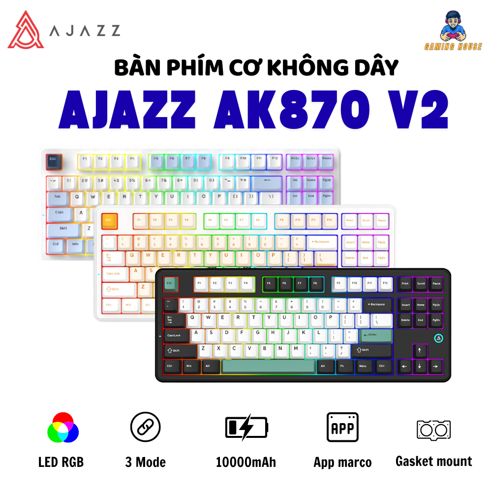 Bàn phím cơ không dây Ajazz Ak870 V2 - 3 Mode kết nối - Led RGB - Gasket Mount - App marco - Pin 100