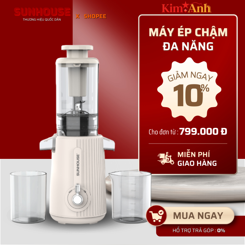 MÁY ÉP CHẬM SUNHOUSE SHD5516 - Ép kiệt bã, Làm kem, Bảo hành chính hãng 12 tháng