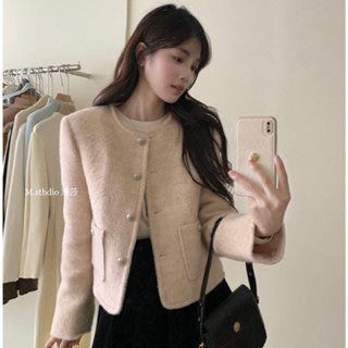  Áo khoác dạ lông cừu dáng ngắn cúc bạc lót chần trám dày ấm hàng Quảng Châu cao cấp 