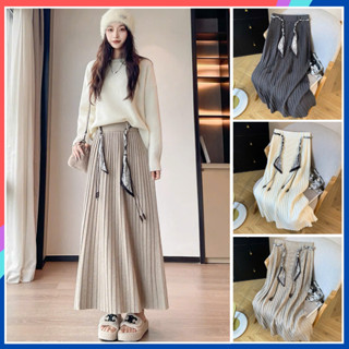  Chân váy len dáng dài chữ A co giãn lưng cao cạp thun kèm nơ xinh NH02 phong cách thu đông mặc ở nhà đi làm đi chơi 