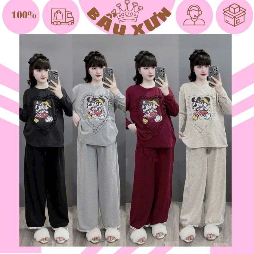 Bộ đồ bầu in hình dễ thương thiết kế viền tim xinh xắn m401 đồ bộ thu đông dài tay chất đẹp cho mẹ b