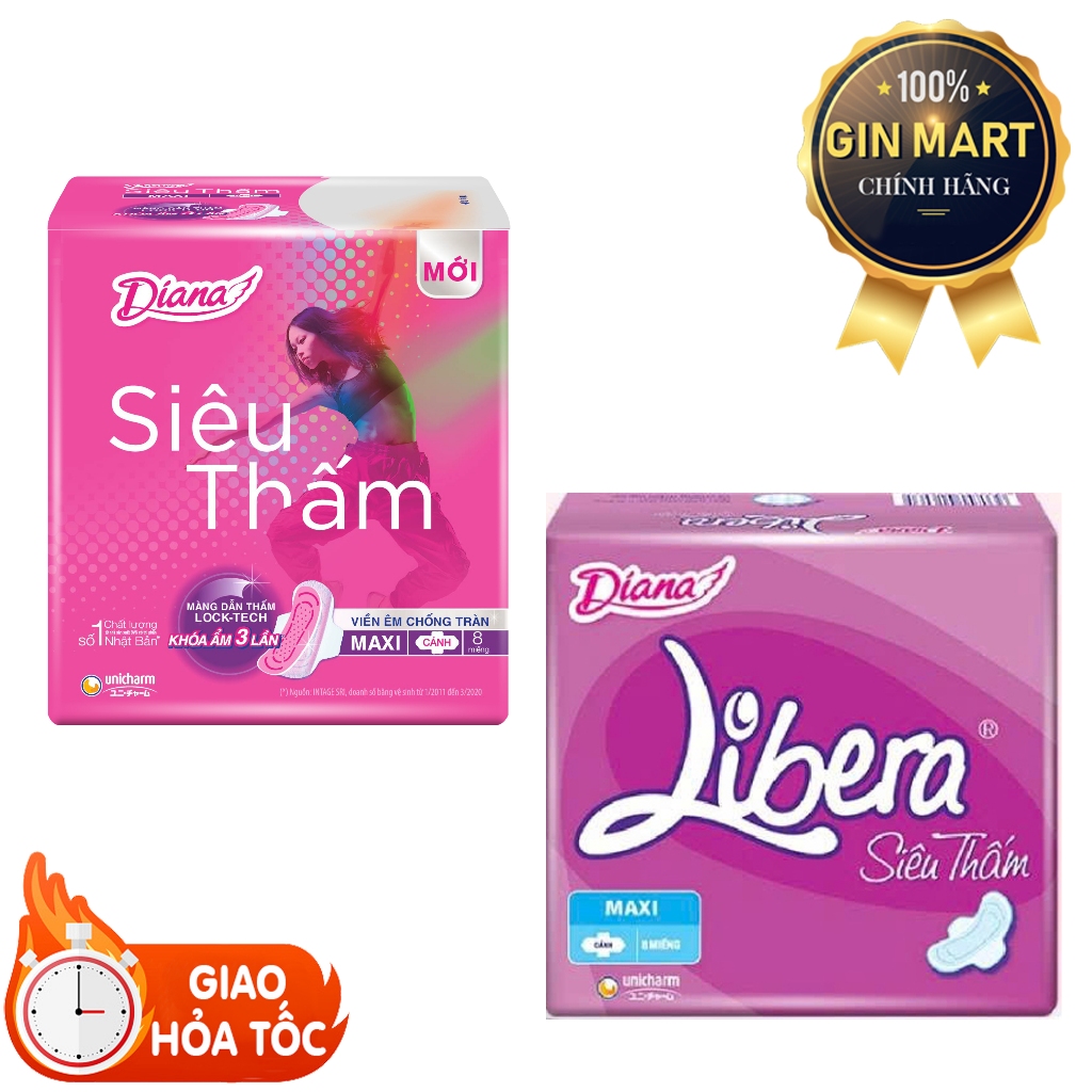 Gói 8 miếng BVS Diana siêu thấm siêu mỏng cánh 23cm/ Maxi cánh/ Libera SMC