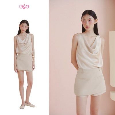 Chân váy OLV chữ A thanh lịch đơn giản Beige Wrap Front Mini Skirt phù hợp đi chơi đi làm