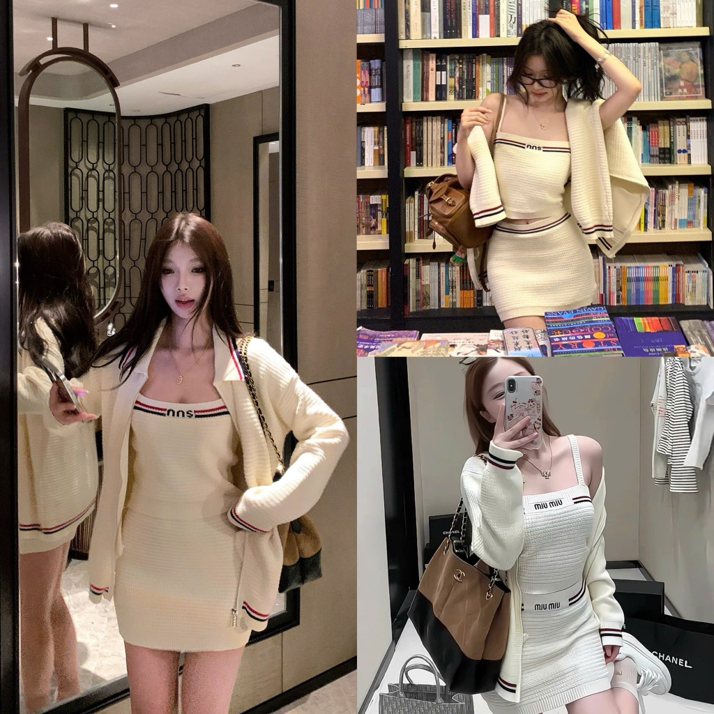 METWO. - Set váy len 3 món áo 2 dây tag logo MIUMIU QC mix chân váy ngắn chữ A kèm áo khoác cổ bẻ FO