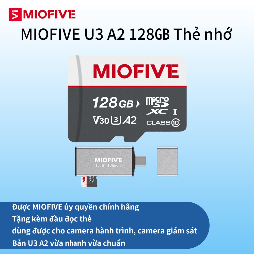 Thẻ nhớ Miofive 128GB U3 V30 A2 tặng đầu đọc thẻ, dùng cho thiết bị ghi hình, camera hành trình