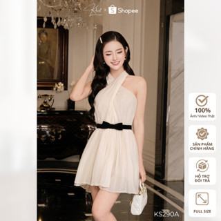  Set đầm ngắn Khiết cổ yếm xếp ly xòe phối belt nơ nhung đen phong cách nữ tính thanh lịch KS290A 