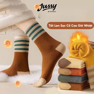  Tất Len Giữ Nhiệt JTV03 Jussy Official Tất Cổ Cao Nam Nữ Sọc Vintage Ấm Áp Thấm Hút Tốt Phong Cách Hàn Quốc 