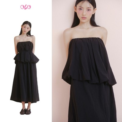 Đầm OLV liền cúp ngực dáng suông Black Pleated Peplum Cup Midi Dress thanh lịch phù hợp đi chơi