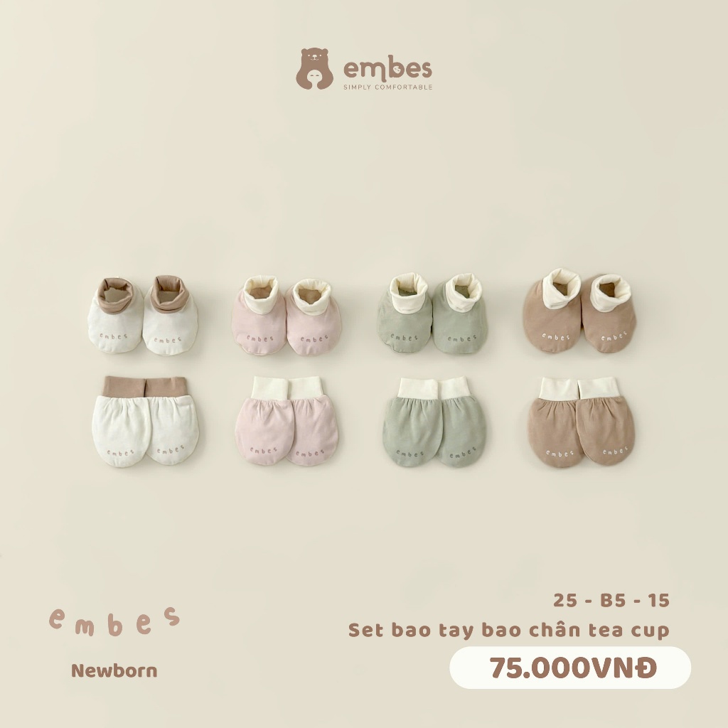Set Bao Tay Bao Chân Sơ Sinh Cho Bé Embes Newborn, Set Bao Tay, Chân Chất Cotton, In Họa Tiết Cho Bé