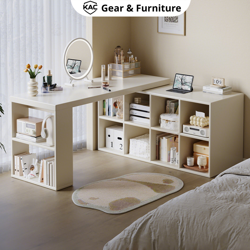 Bàn trang điểm đa năng xoay 360 Modzi, bàn làm việc kèm kệ sách decor phòng ngủ đẹp - KD02