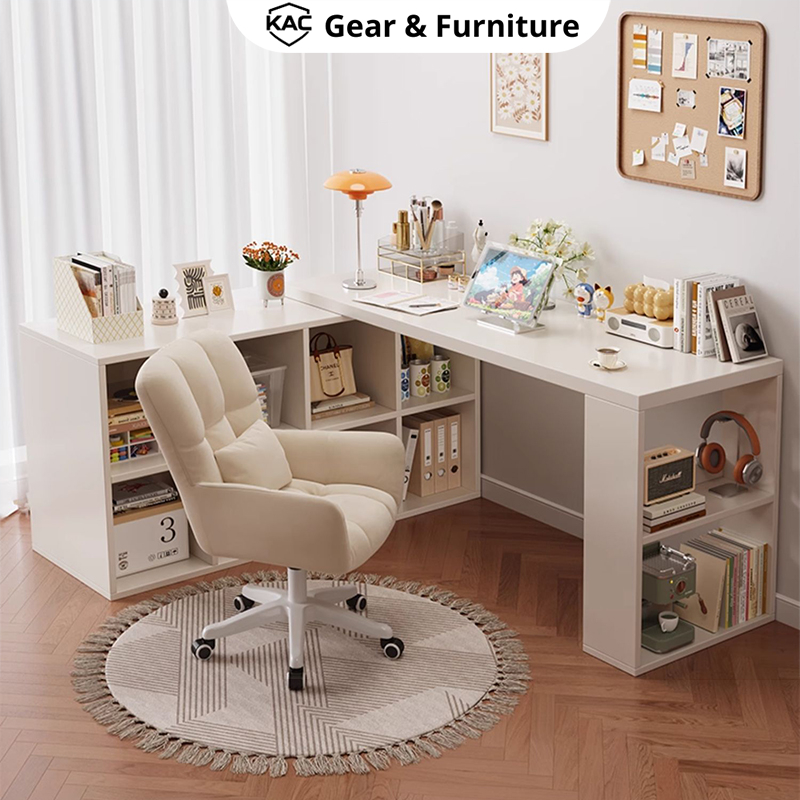 Bàn làm việc kèm kệ sách , bàn trang điểm xoay 360 độ decor phòng ngủ xinh - GP368