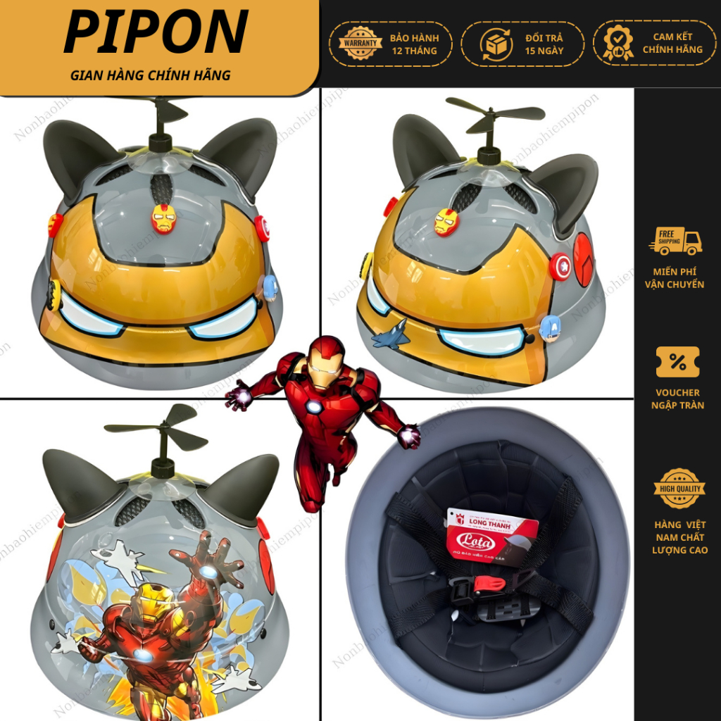 Nón bảo hiểm trẻ em vành tròn hình siêu nhân IRON MAN, kèm quà tặng kèm chính hãng Lota Helmet BH 12