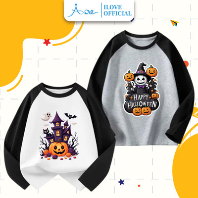 [HÀNG MỚI VỀ] AORE-Áo Thun DÀI TAY Halloween, Áo Dài tay Thu Đông Lâu Đài Bí Ngô COTTON mềm mịn, cho bé trai, gái 8-35kg