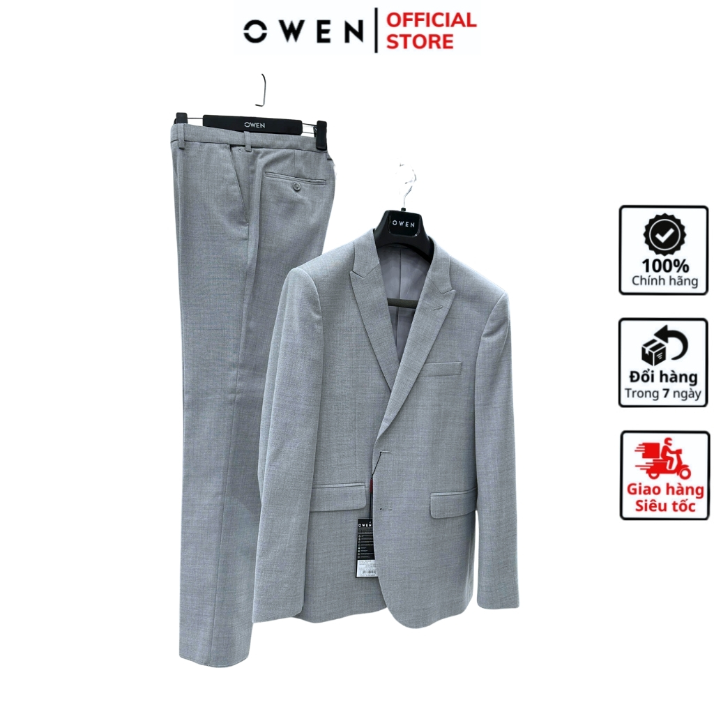 Bộ vest nam công sở cao cấp OWEN VES256269 Suit màu màu xám nhạt vải poly dáng slim fit tôn dáng ngư