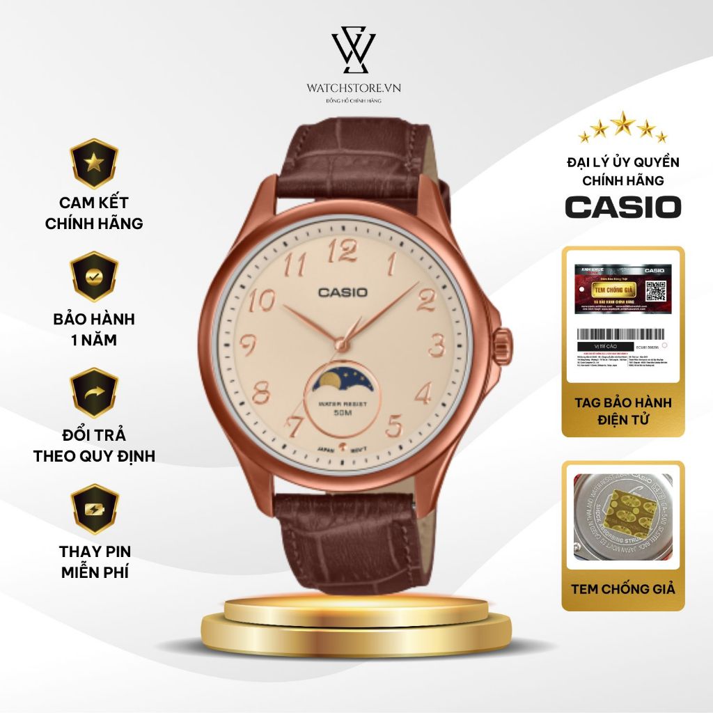 Đồng Hồ Nam Casio Moonphase MTP-M110RL-5AVDF Quartz Kính Khoáng 42.5mm Chống Nước Vỏ Kim Loại Không 