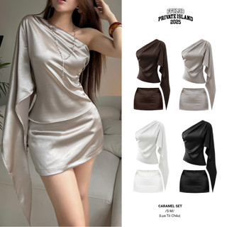   CÓ TÁCH SET  Set Áo lụa Lệch Vai Tay Loe Phối Chân Váy lụa CARAMEL FFCLUB 